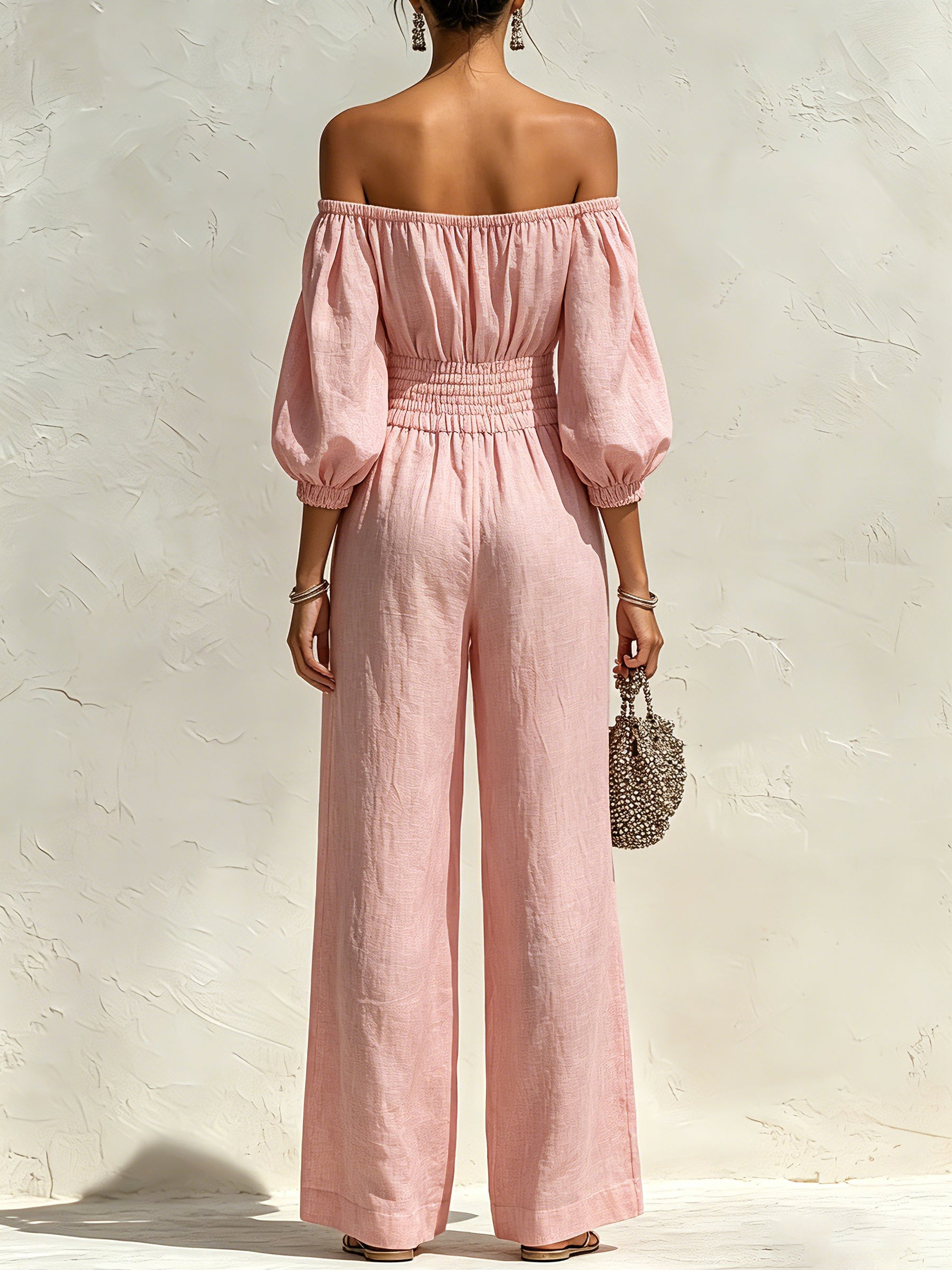 Women’s Off Shoulder Smocked Waist Jumpsuit – Long Sleeve Wide Leg Casual Linen Romper