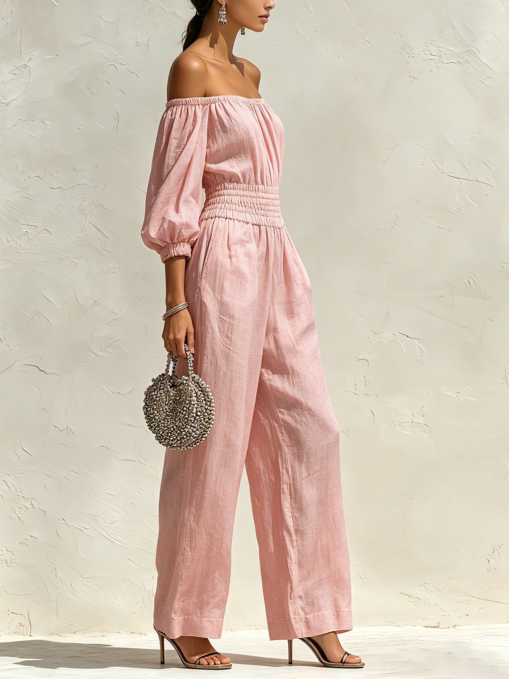 Women’s Off Shoulder Smocked Waist Jumpsuit – Long Sleeve Wide Leg Casual Linen Romper