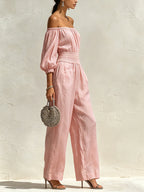 Women’s Off Shoulder Smocked Waist Jumpsuit – Long Sleeve Wide Leg Casual Linen Romper