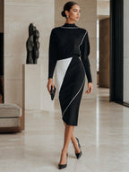 Women’s Black & White Contrast Knit Midi Dress – Long Sleeve Mock Neck Bodycon Sweater Dress