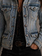 Vintage Distressed Washed Denim Collar Tailored Jacket