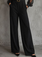 Elegant Black Lapel Sheer Puff Sleeve Wide Leg Jumpsuit