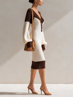 Women’s Color Block Knit Sweater Dress – V-Neck Button Front Long Sleeve Oversized Midi Dress