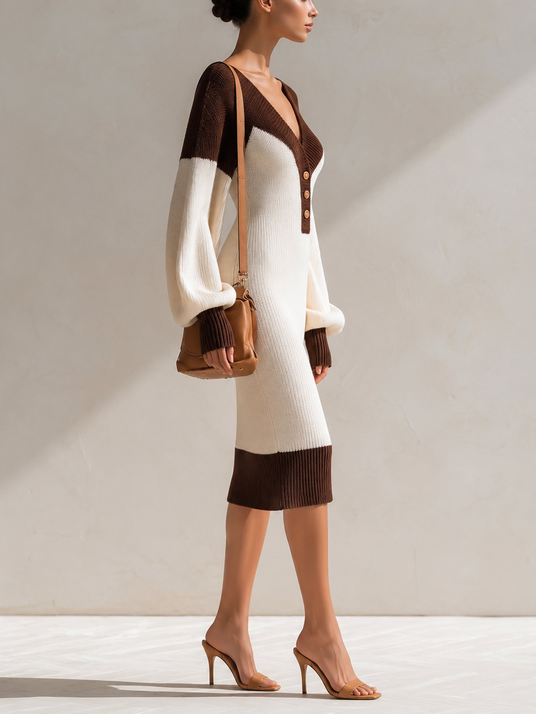 Women’s Color Block Knit Sweater Dress – V-Neck Button Front Long Sleeve Oversized Midi Dress