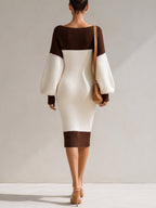 Women’s Color Block Knit Sweater Dress – V-Neck Button Front Long Sleeve Oversized Midi Dress