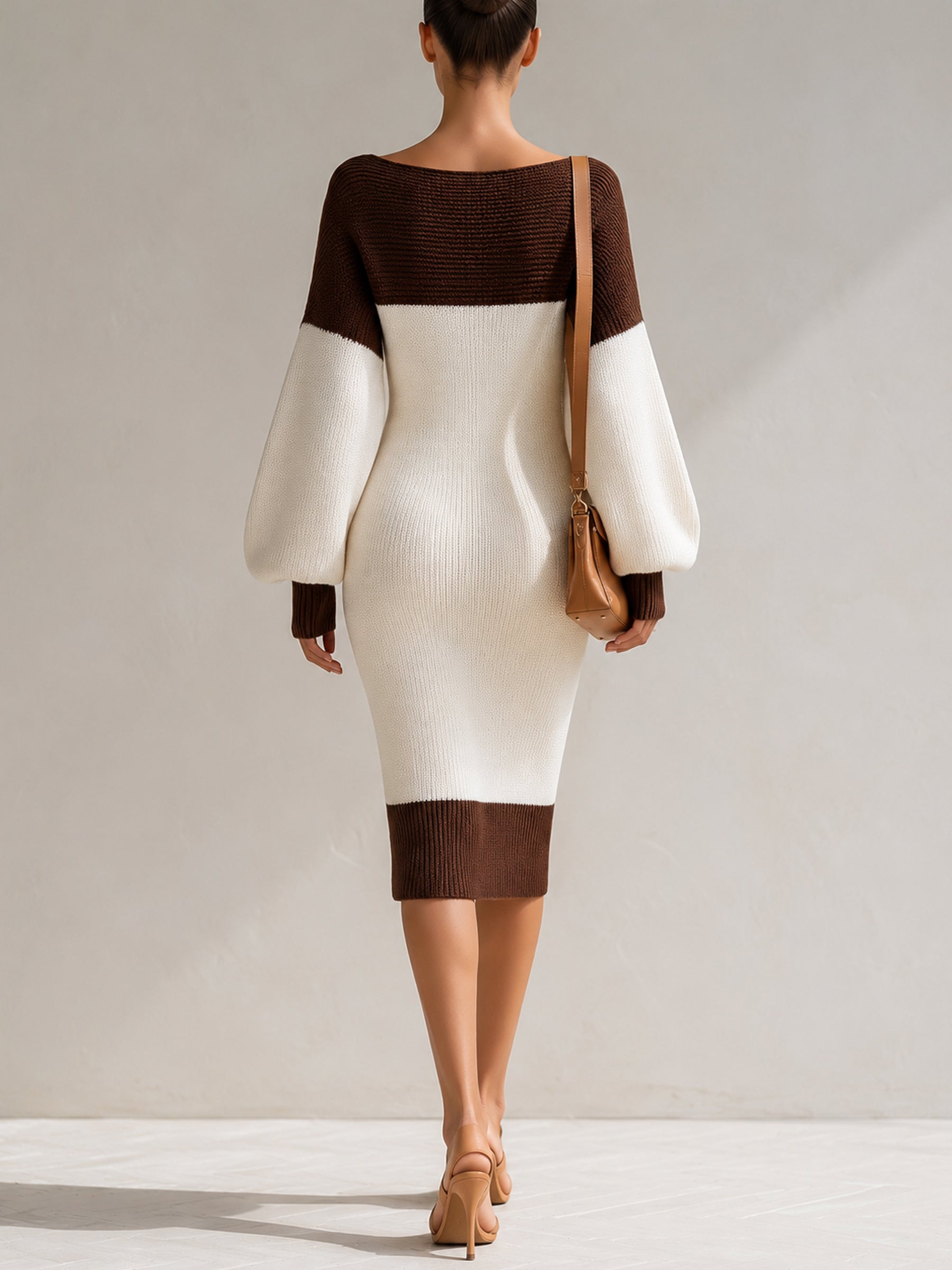 Women’s Color Block Knit Sweater Dress – V-Neck Button Front Long Sleeve Oversized Midi Dress