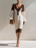 Women’s Color Block Knit Sweater Dress – V-Neck Button Front Long Sleeve Oversized Midi Dress