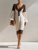 Women’s Color Block Knit Sweater Dress – V-Neck Button Front Long Sleeve Oversized Midi Dress