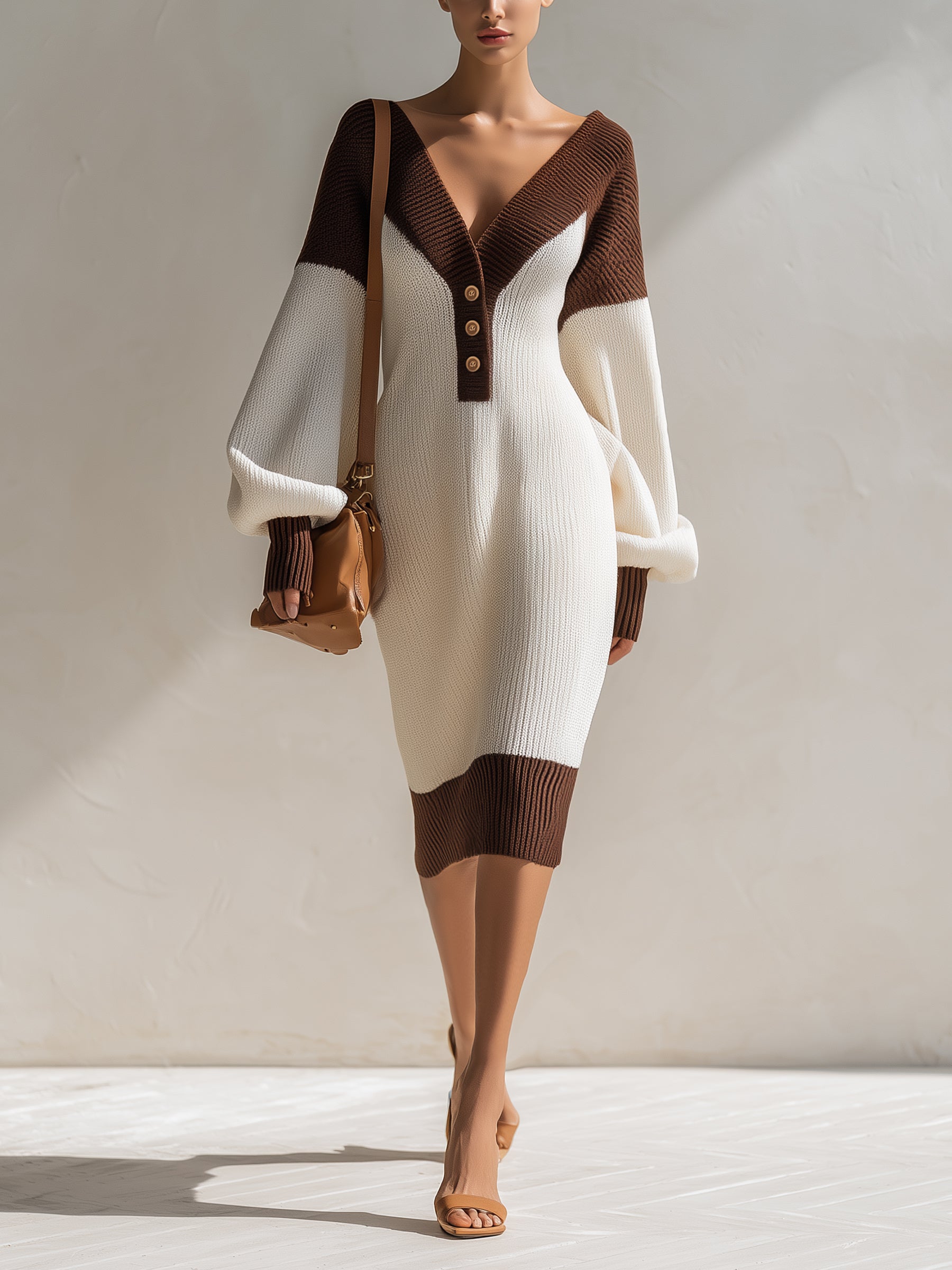 Women’s Color Block Knit Sweater Dress – V-Neck Button Front Long Sleeve Oversized Midi Dress