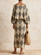 Argyle Knit Two-Piece Set – Off-Shoulder Sweater & Midi Skirt Elegant Co-Ord Outfit