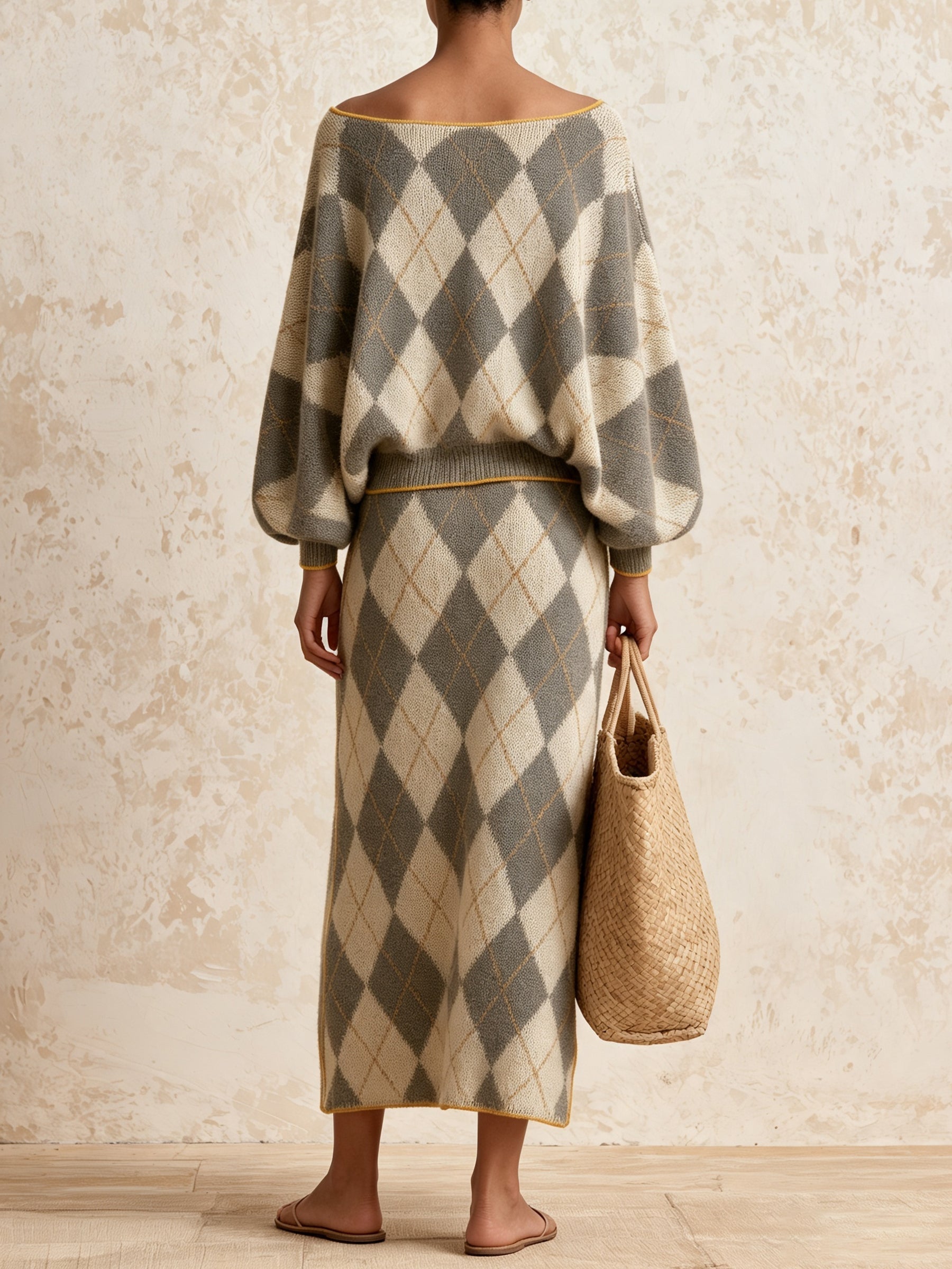 Argyle Knit Two-Piece Set – Off-Shoulder Sweater & Midi Skirt Elegant Co-Ord Outfit