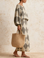 Argyle Knit Two-Piece Set – Off-Shoulder Sweater & Midi Skirt Elegant Co-Ord Outfit