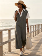 Minimalist Knit Maxi Dress – Collared Shirt Detail Sleeveless Sweater Dress