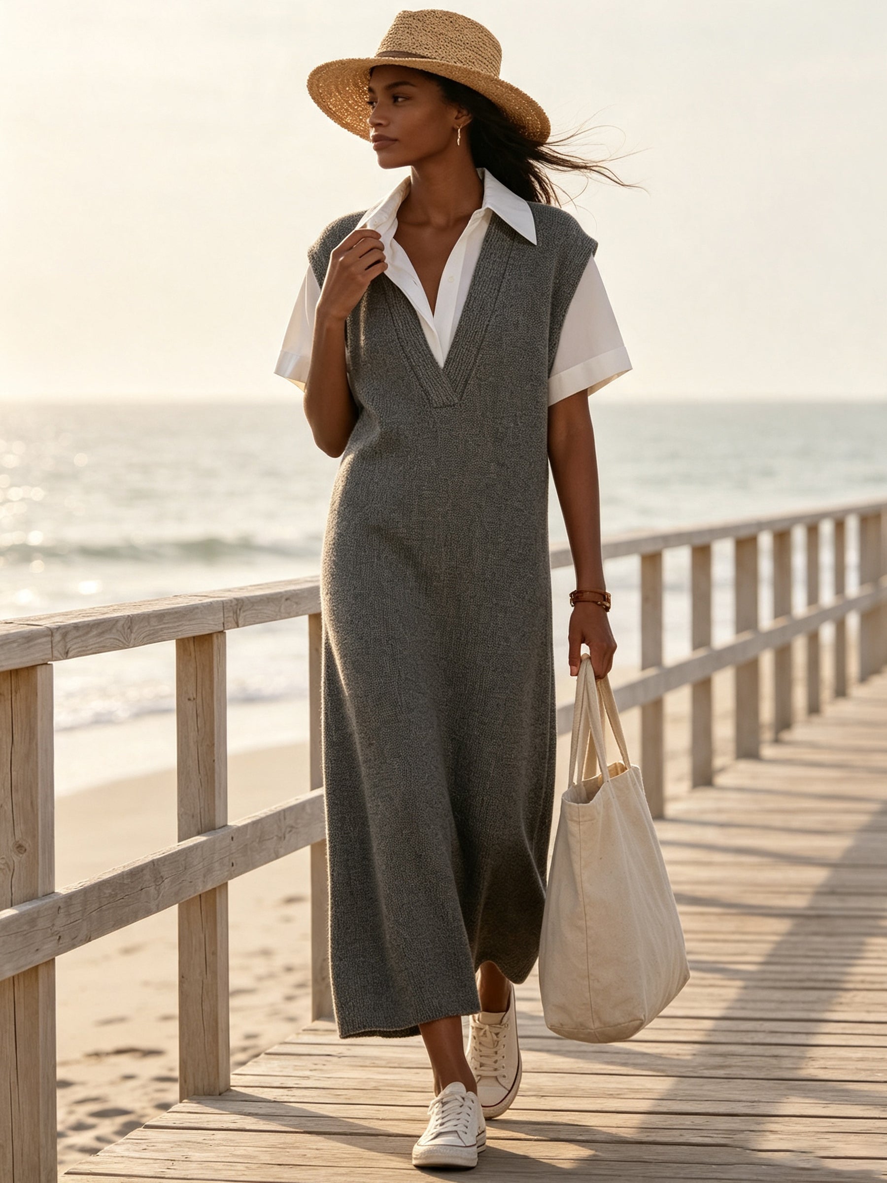 Minimalist Knit Maxi Dress – Collared Shirt Detail Sleeveless Sweater Dress