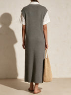 Minimalist Knit Maxi Dress – Collared Shirt Detail Sleeveless Sweater Dress