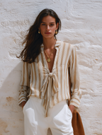 Women's Striped Tie-Neck Long Sleeve Blouse