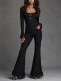 Half Button Lace Trim Rib Knit Long Sleeve Top Lace Hem Flare Pants Knit Two Piece Outfit