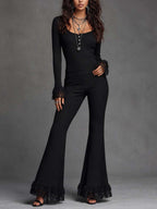 Half Button Lace Trim Rib Knit Long Sleeve Top Lace Hem Flare Pants Knit Two Piece Outfit