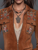 Vintage Floral Embroidered Zip Front Pocket Collared Cropped Faux Suede Jacket