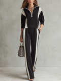 Modern Black Color Block Half-Zip Lounge Set