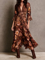 Vintage Floral Lace Trim V-Neck Bell Sleeve Waisted Midi Dress