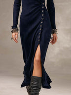 Vintage Elegant V Neck Wrap Long Sleeve Side Button High Slit Ribbed Knit Midi Dress