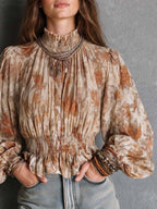 Boho Floral Smocked Waist Bishop Sleeve Blouse