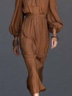 Boho Brown Tie-Neck Bishop Sleeve Belted Midi Dress