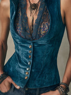 Vintage-style Stand Collar Slim-fit Velvet Vest With Lace Trim