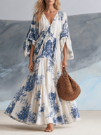 Coastal Bohemian Blue Floral Kaftan Maxi Dress