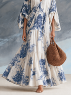 Coastal Bohemian Blue Floral Kaftan Maxi Dress