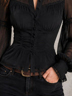 Boho Sheer Chiffon Puff Sleeve Ruched Blouse With Lace Trim