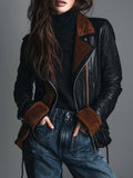 Retro Contrast Trim Faux Leather Motorcycle Jacket