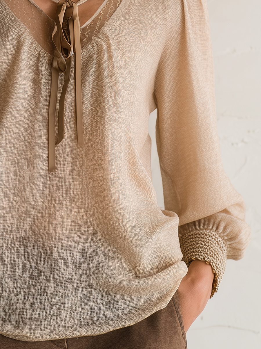 Elegant Oatmeal Tie-Neck Textured Blouse