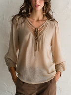 Elegant Oatmeal Tie-Neck Textured Blouse