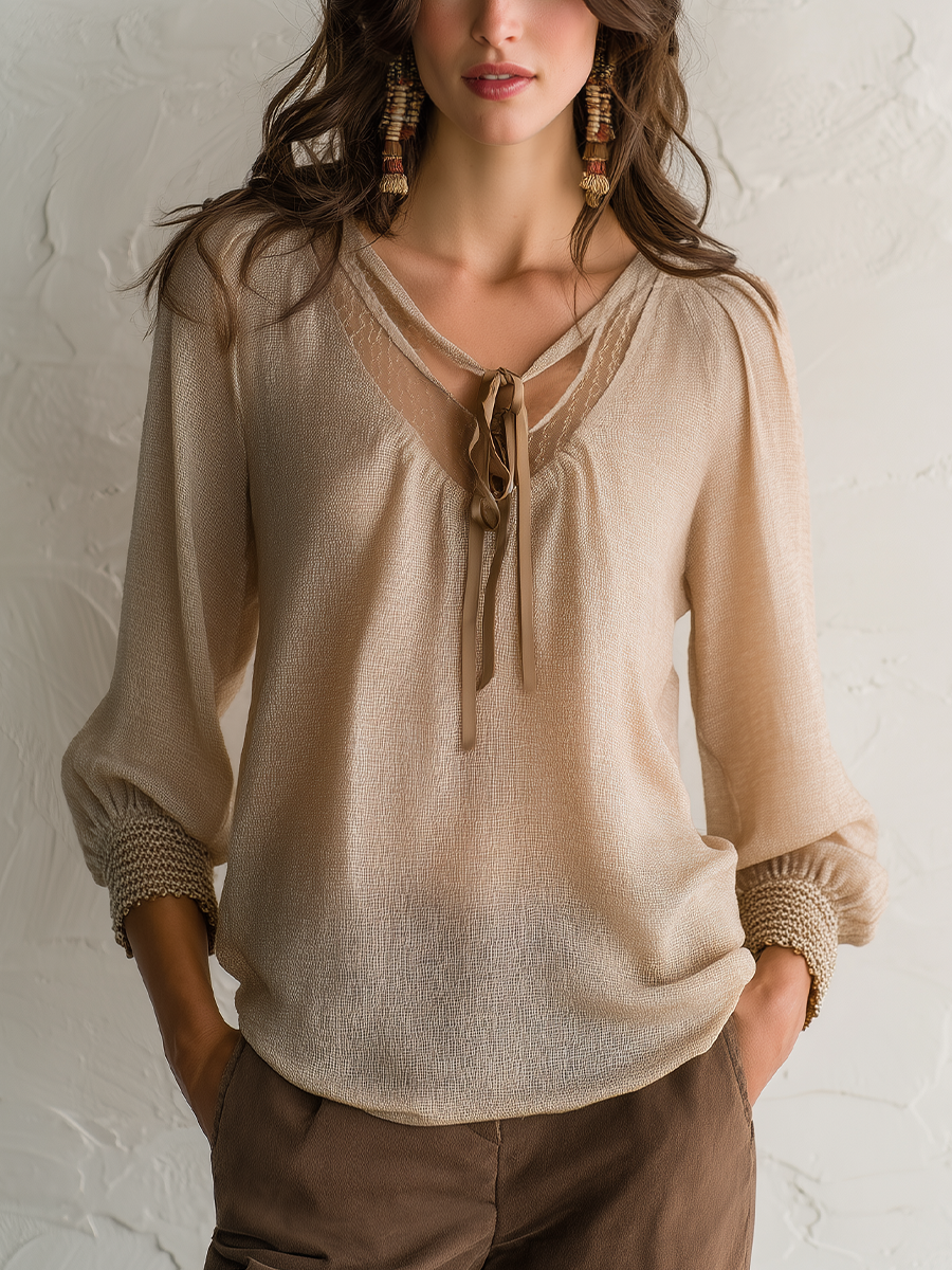 Elegant Oatmeal Tie-Neck Textured Blouse