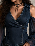 Western Denim Cold Shoulder Sheer Sleeve Wrap Blouse