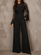 Elegant Lace Bell Sleeve Ruched High Waist Wide Leg Jumpsuit
