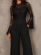 Elegant Lace Bell Sleeve Ruched High Waist Wide Leg Jumpsuit