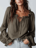 Chic Textured Cotton Split-Neck Lantern-Sleeve Olive Green Blouse