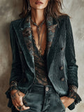 Quiet Luxury Printed Panel Corduroy Blazer With Lapel Collar