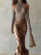 Retro High-neck Cut-out Shoulder Top & Acetate Satin Fishtail Skirt Set