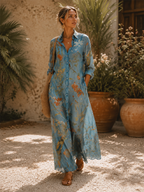 Coastal Bohemian Floral Button Front Shirt Maxi Dress