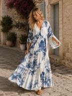 Coastal Bohemian Blue Floral Kaftan Maxi Dress