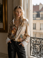Boho Luxe Satin Floral Lace Trim Button Shirt