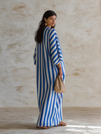 Chic Cotton Striped Wrap-Tie Loose Blue & White Kaftan Maxi Dress