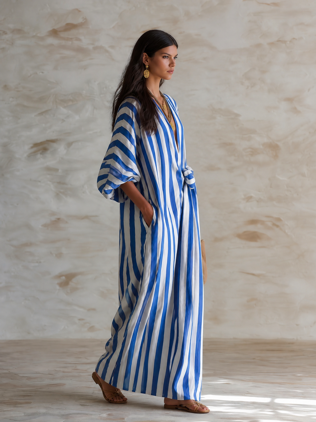 Chic Cotton Striped Wrap-Tie Loose Blue & White Kaftan Maxi Dress