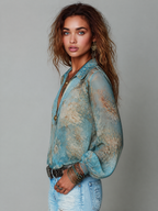 Vintage Floral Print Chiffon Lace Trim V-Neck Long Sleeve Blouse