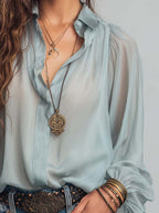 Collared Button Down Lantern Long Sleeve Crinkled Sheer Chiffon Blouse