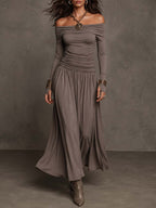 Taupe Stretch Knit Off-The-Shoulder Long Sleeve With Thumb Holes Ruched Bodice Flared Skirt Maxi Dress